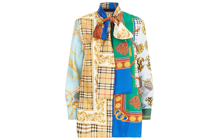 (Women) Burberry Vintage Scarf Print Silk Tie Plaid Shirt Multicolor 80037731