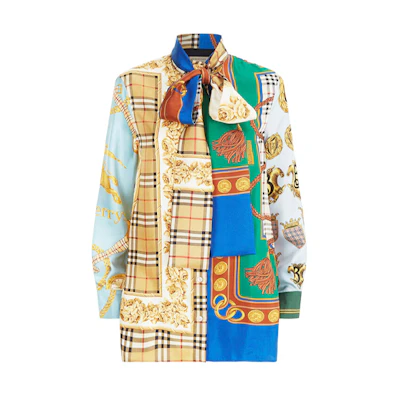 (Women) Burberry Vintage Scarf Print Silk Tie Plaid Shirt Multicolor 80037731