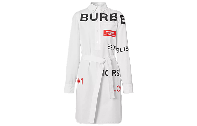 (Women) Burberry White Cotton Letter Print Belt Shirt Dress 80139071