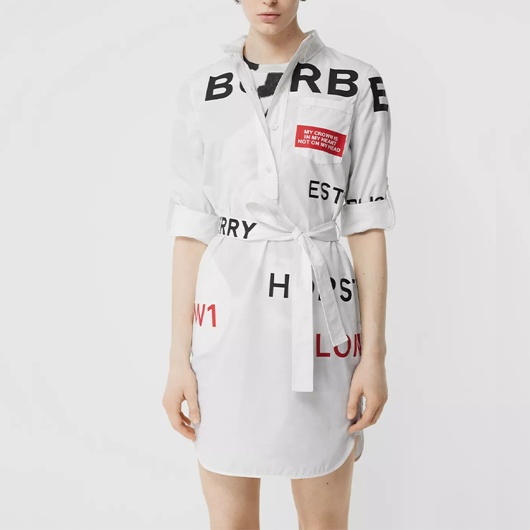 Shop (W) Burberry 白色純棉字母印花腰帶襯衫裙 80139071