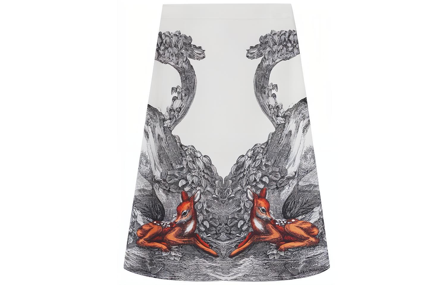 (Women) Burberry White High-Waist Midi Skirt with Deer Print Casual Design. 80428211