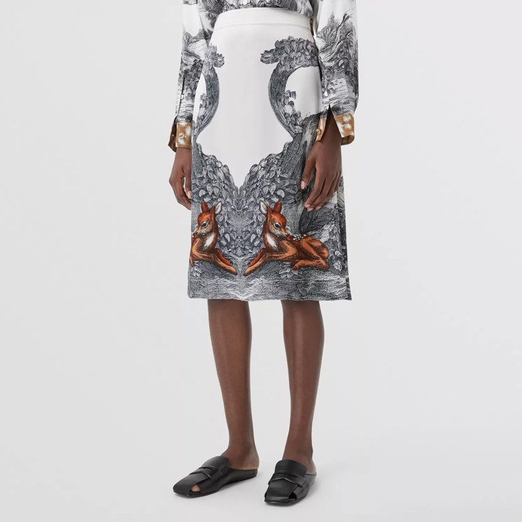 Purchase (W) Burberry Skirt Putih Midi Pinggang Tinggi Cetakan Rusa Rekaan Kasual. 80428211