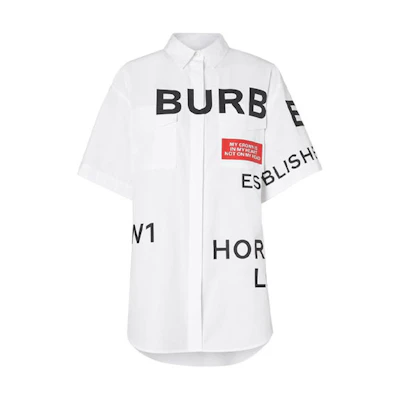 (Women) Burberry White Letter Print Long Sleeve Button-Down Shirt. 80142201