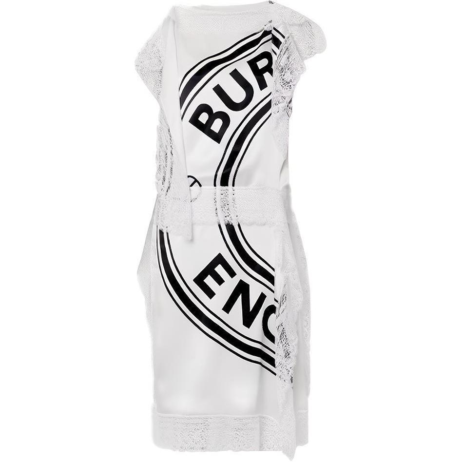 (Women) Burberry White Silk Sleeveless Dress with Lace Details and Logo Pattern 45678241