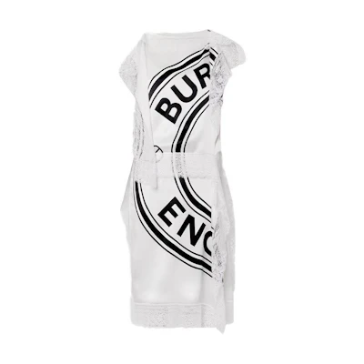(Women) Burberry White Silk Sleeveless Dress with Lace Details and Logo Pattern 45678241