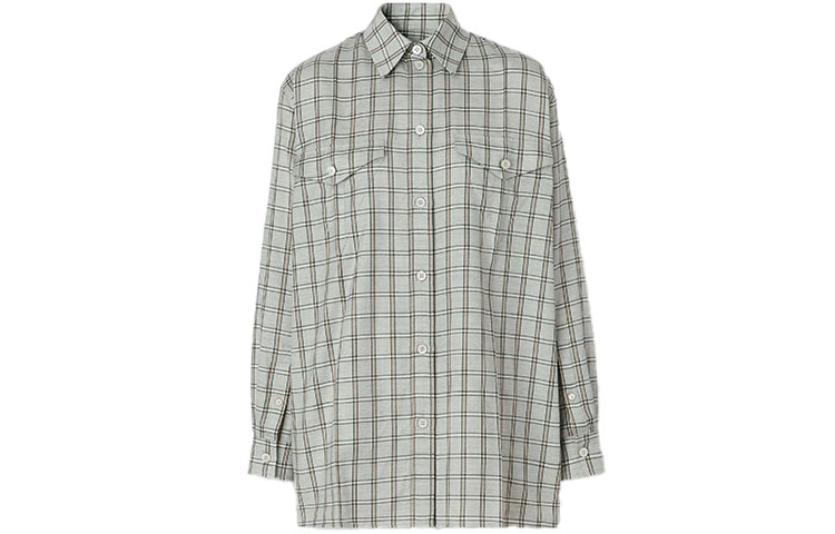 (Women) Burberry Women’s Logo Checked Loose-Fit Long-Sleeve Shirt in Mid Gray. 80448081