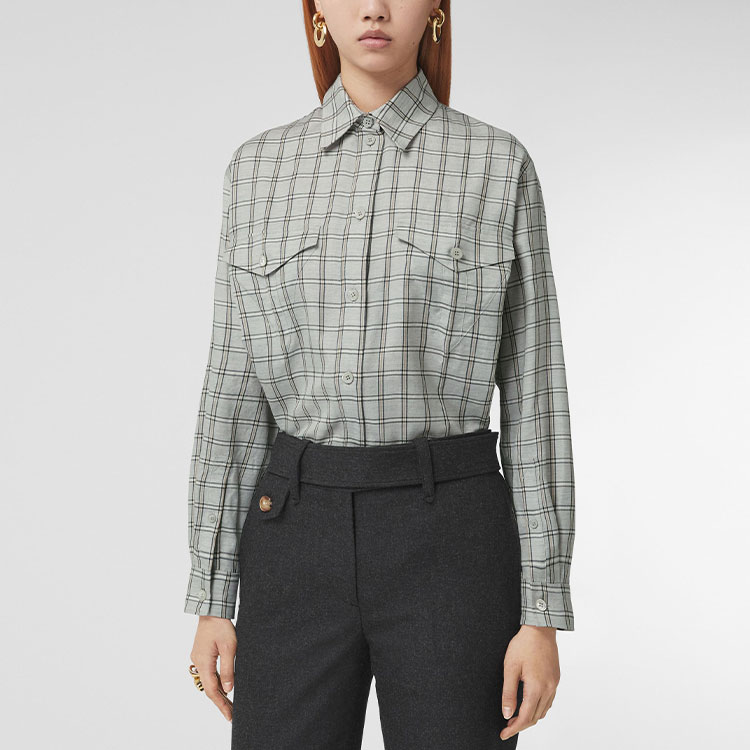 Purchase (W) Burberry 女士灰色格紋寬鬆長袖襯衫。 80448081