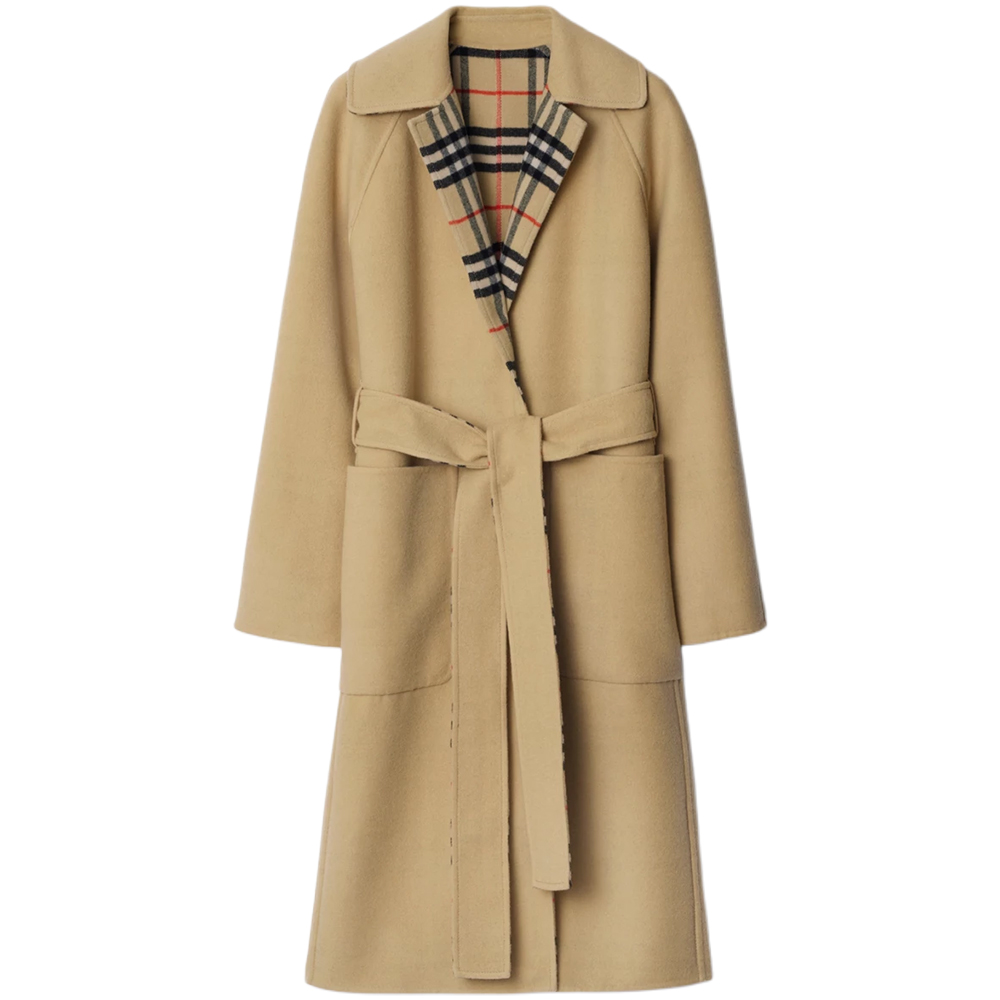 (Women) Burberry Women’s Long Double-Sided Trench Coat with Check and Tie, Beige. 80938251