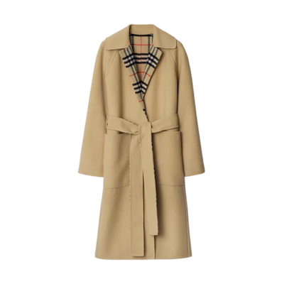 (Women) Burberry Women’s Long Double-Sided Trench Coat with Check and Tie, Beige. 80938251