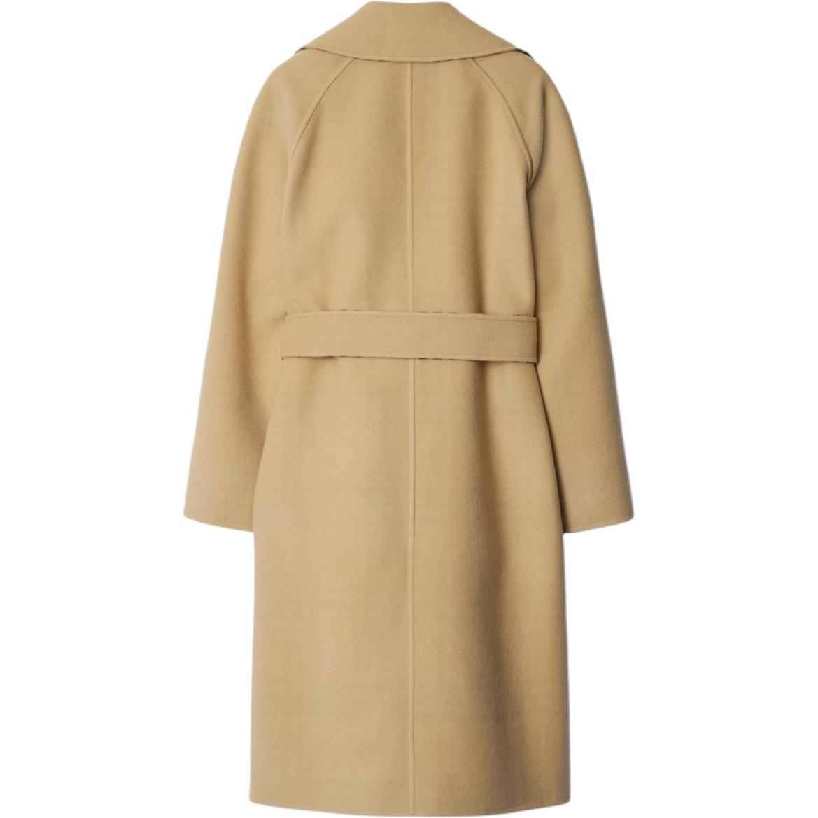 Lookbook (W) Mantel Panjang Wanita Burberry Dua Sisi dengan Motif Kotak dan Ikat, Beige. 80938251