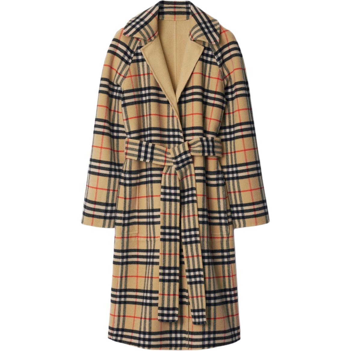 Shop (W) Mantel Panjang Wanita Burberry Dua Sisi dengan Motif Kotak dan Ikat, Beige. 80938251