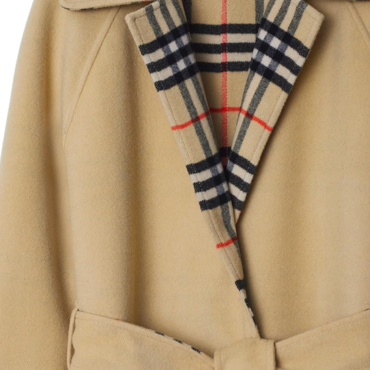 Cheap (W) Mantel Panjang Wanita Burberry Dua Sisi dengan Motif Kotak dan Ikat, Beige. 80938251