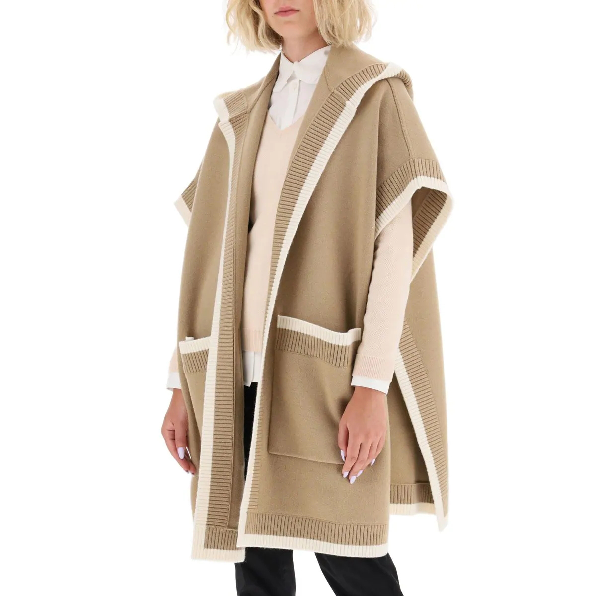Shop (Women) Burberry Wool Logo Hooded Cashmere Shawl in Archive Beige 8031582
