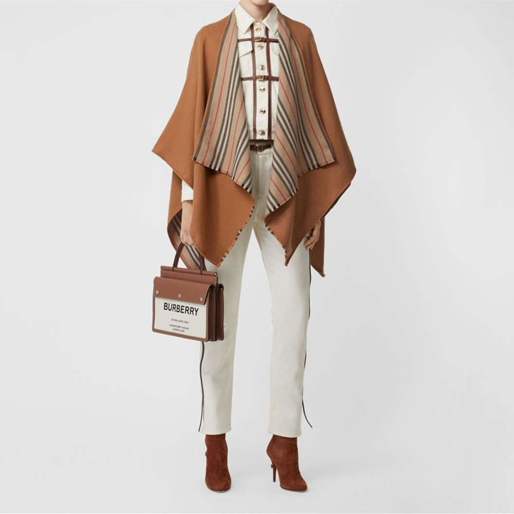 Shop (Women) Burberry Wool Shawl with Logo Stripe, , Flaxseed Color FW20 80156541