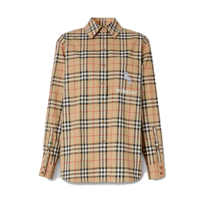 (Women) Burberry Zebra Intarsia Vintage Check Cotton Loose-Fit Shirt Beige 80321511