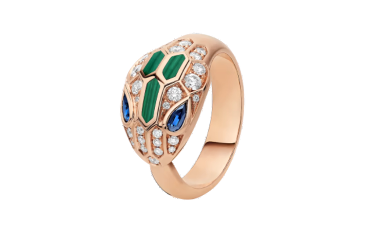 (Women) BVLGARI Serpenti 18K Rose Gold Diamond Malachite Ring for Women. 356211