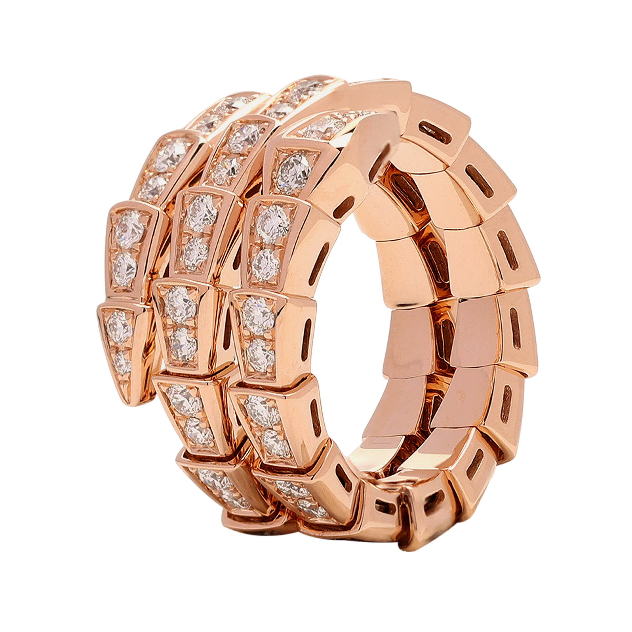 (Women) BVLGARI Serpenti Viper Full Diamond 18K Rose Gold Double Coil Ring for Women. AN858794