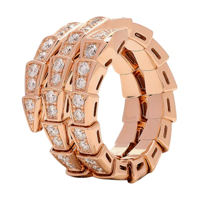 (Women) BVLGARI Serpenti Viper Full Diamond 18K Rose Gold Double Coil Ring for Women. AN858794