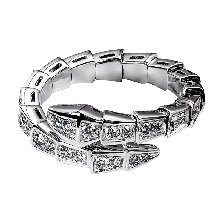 (Women) BVLGARI Serpenti Viper Full Diamond Single Coil White Gold Snake Ring for Women. AN858111