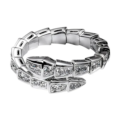 (Women) BVLGARI Serpenti Viper Full Diamond Single Coil White Gold Snake Ring for Women. AN858111