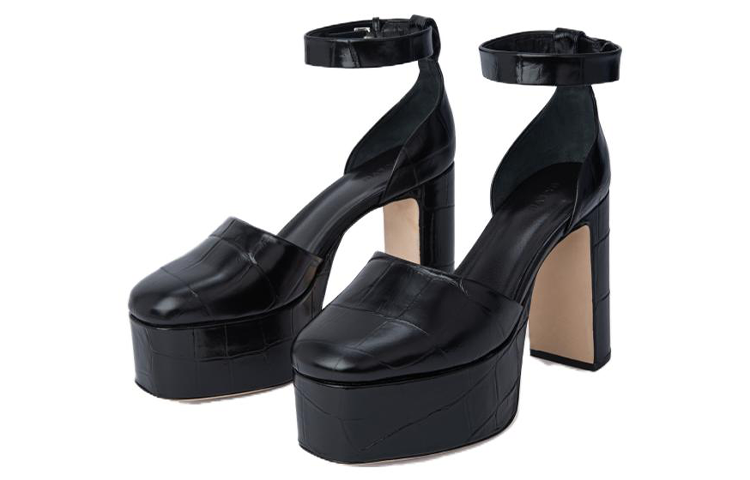 Order By Far 皮革 壓花優雅 粗跟 高筒鞋 12cm 女款 黑色