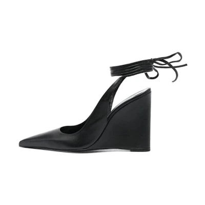(W) By Far Lace-Up Pointed Toe Wedge 'Black Leather'