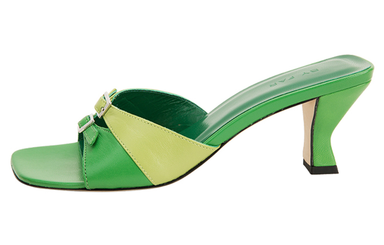 Buy (W) By Far Sandalia de Tacón Grueso con Punta Abierta en Cuero - Verde 21SSNOMEMGLS