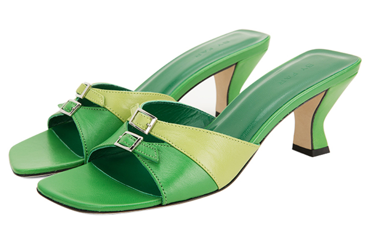 Shop (W) By Far Sandalia de Tacón Grueso con Punta Abierta en Cuero - Verde 21SSNOMEMGLS