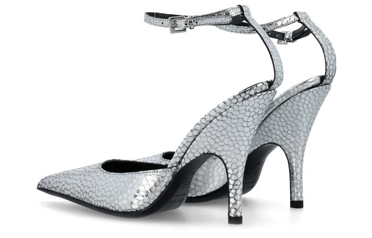 Shop (W) By Far Tumit Tinggi Kulit Buckle Hujung-Penakah 'Silver' 23CRELZHSVFLGCLSV