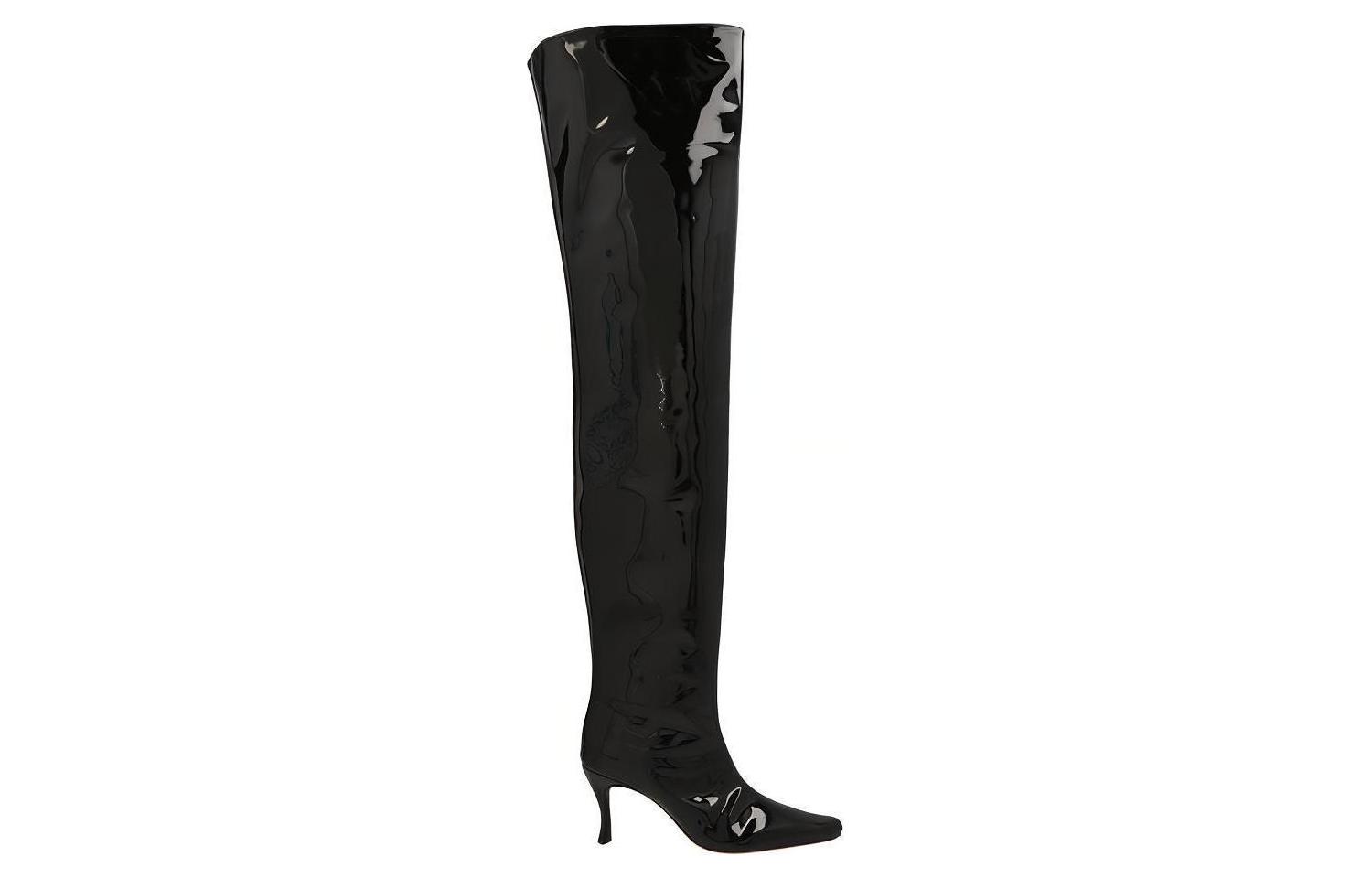 Order (W) By Far Sepatu Boot Stiletto Tinggi Kulit 'Hitam Slip-On' 22FWSTVEDBLPBL