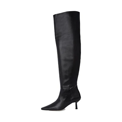 (W) By Far Meghan 'Black Leather Pointed-Toe Zip-Up Over-The-Knee Boots'
