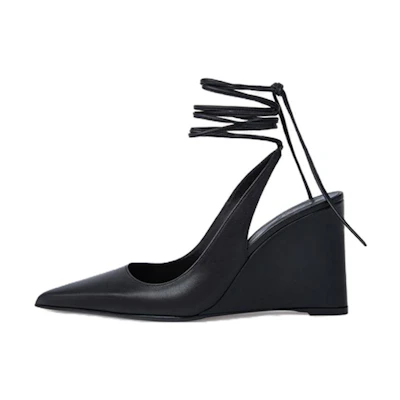(W) By Far Vaughn 'Black Pointed Lace-Up Wedge'