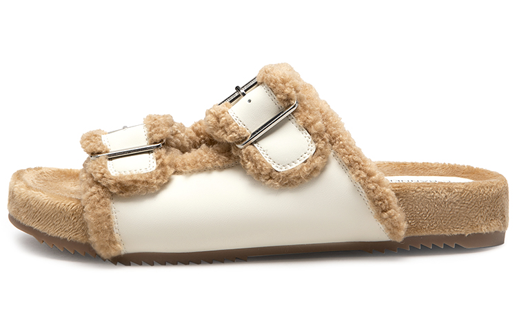 (W) C°BANNER Double Layer Cowhide 'Casual Warm Fashion Beige Slides'