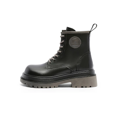 (W) C°BANNER Double Layer Leather Versatile Slim Thick-Soled Short Tube Martin Boot 'Black'