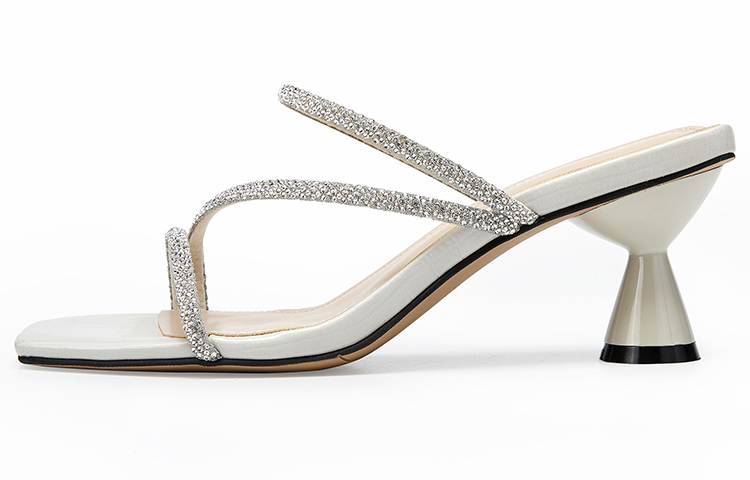 (W) C°BANNER High Heel Flat Toe Fashion Slide 'White Gem Strap'