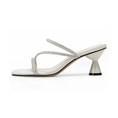 (W) C°BANNER High Heel Flat Toe Fashion Slide 'White Gem Strap'