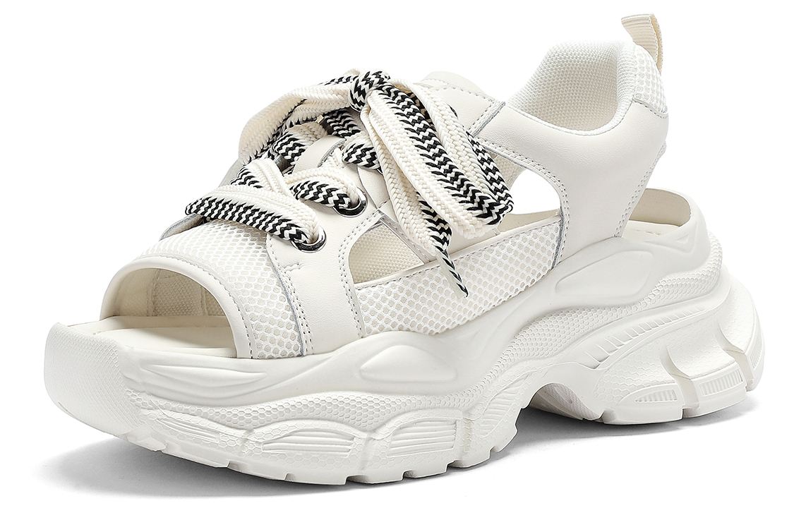 (W) C°BANNER Leather Patchwork Cutout Mesh Platform Sandals 'Beige' 圖 2