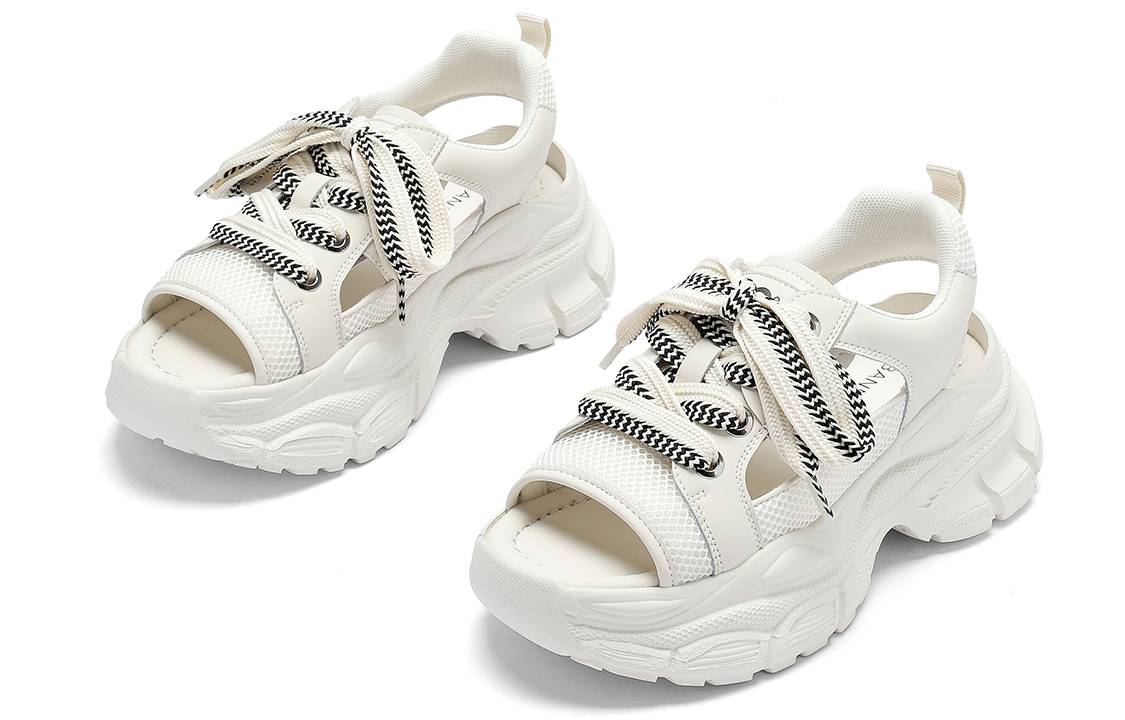 (W) C°BANNER Leather Patchwork Cutout Mesh Platform Sandals 'Beige' 圖 3