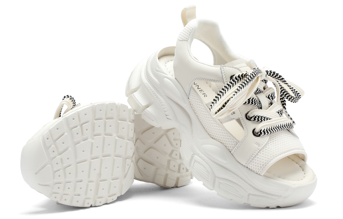 (W) C°BANNER Leather Patchwork Cutout Mesh Platform Sandals 'Beige' 圖 4