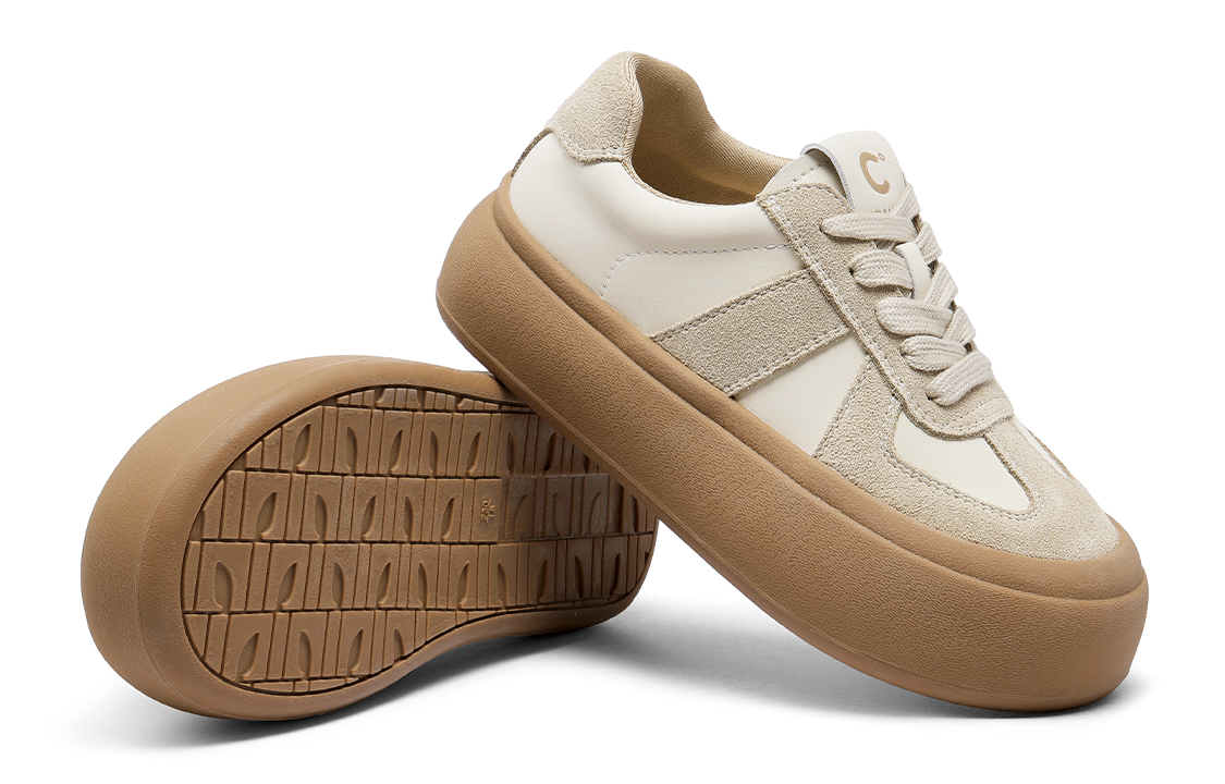 (W) C°BANNER Leather Patchwork Thick Sole Low-Top Sneakers 'Beige' 圖 4