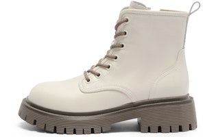 (Women) C°BANNER Leather Round Toe Thick Sole Lace-Up 'Beige Ankle Martin Boots' QE324319X73 (Women) C°BANNER Leather Round Toe Thick Sole Lace-Up 'Beige Ankle Martin Boots' QE324319X73