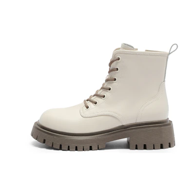 (W) C°BANNER Leather Round Toe Thick Sole Lace-Up 'Beige Ankle Martin Boots'