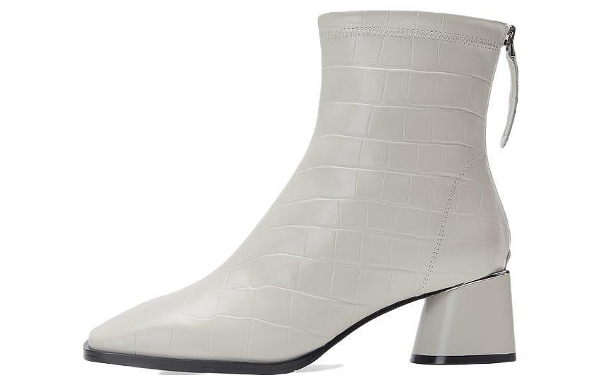 (W) C°BANNER Leather Square Toe Fashion Zipper Ankle Boot 'Beige'