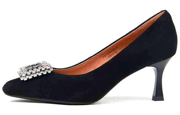 (Women) C°BANNER Leather Velvet 6.5cm Black 'Luxury Rhinestone Kitty Heel' A21404706A01