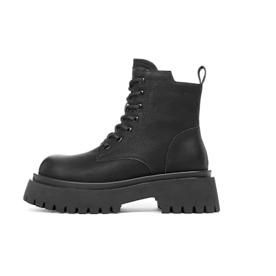 (W) C°BANNER Short Martin Boots 'Black Leather Faux Fur-Lined'