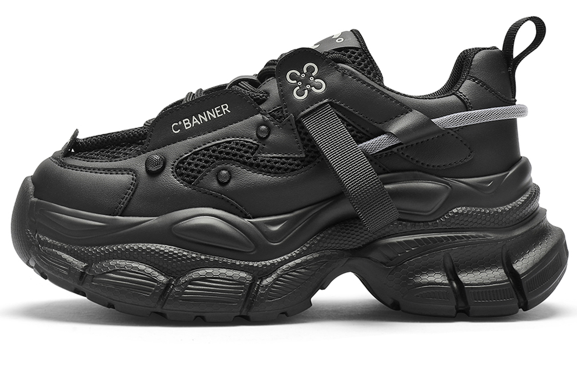 (W) C°BANNER Thick Sole Round Toe Lace-up Low Top 'Black Dad Shoe'