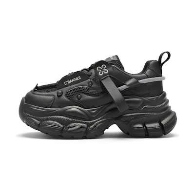 (W) C°BANNER Thick Sole Round Toe Lace-up Low Top 'Black Dad Shoe'