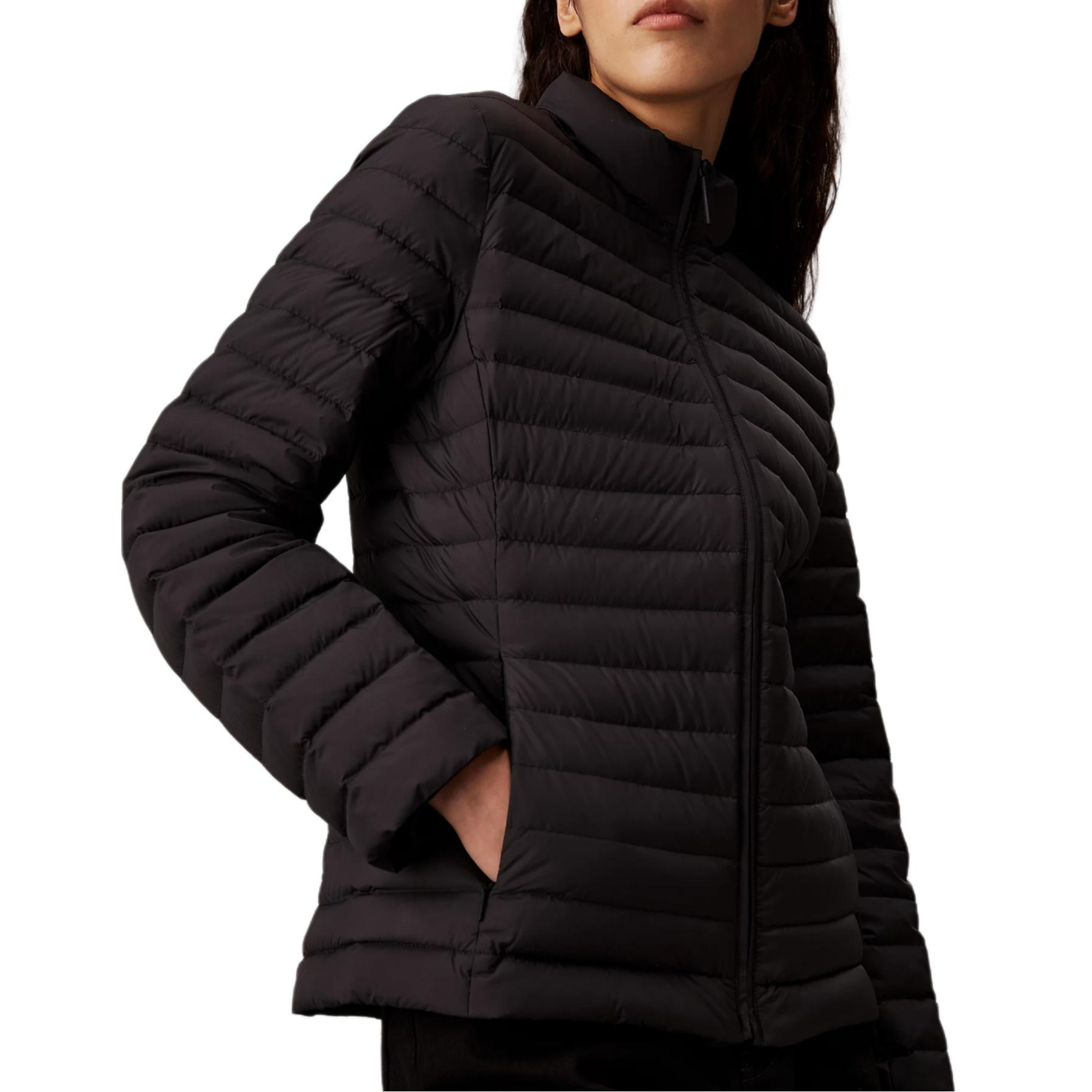Shop (Women) Calvin Klein  Black Zip-Up Stand Collar Jacket with Side Pockets. K20K207285-BEH