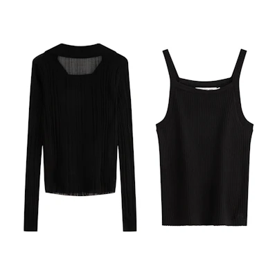 (Women) Calvin Klein Casual Knit Camisole V-Neck Top Set Space Black. J223903