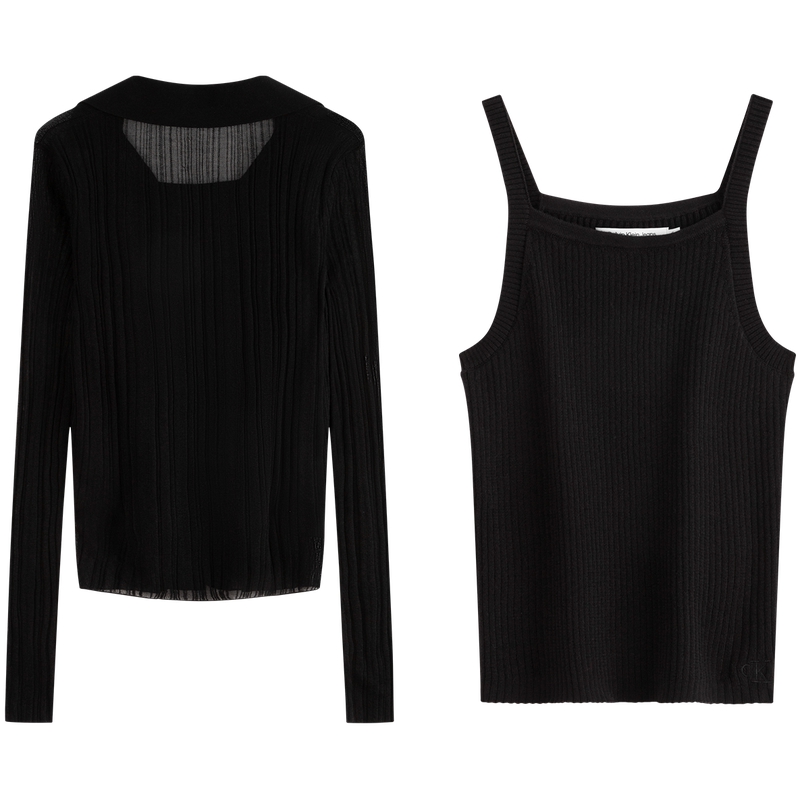 Order (W) Calvin Klein Set Baju Camisole Leher-V Kasual Rajut - Space Black. J223903